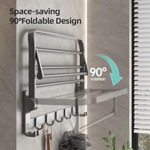 Mustorn Bathroom Towel Rack with Towel Bar and Hooks 23.6 in Foldable Towel Shelf Wall Mounted Lavatory Towel Organizer Modern Gray Finish - color: Matte Gray