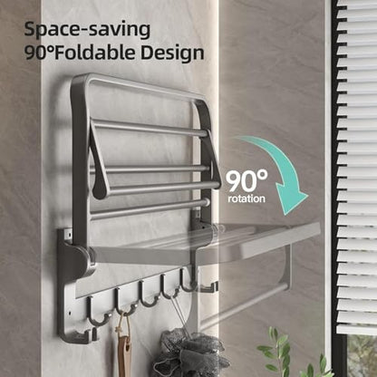 Mustorn Bathroom Towel Rack with Towel Bar and Hooks 23.6 in Foldable Towel Shelf Wall Mounted Lavatory Towel Organizer Modern Gray Finish - color: Matte Gray