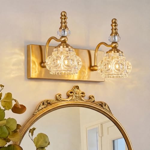 Modern Glass Crystal Vanity Light - Vintage Bathroom Lighting Fixtures Over Mirror, 2 Light Vanity Lights G9 Bulb (11.81 Inch, Gold) - color: Gold, size: 2-light