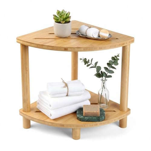 2-Tier Bamboo Corner Shower Stool,Shower Foot Rest for Bathroom Sauna | Non-Slip Adjustable Shower Feet Stool for Shaving Legs with Storage Shelf, Space Saving Shower Bench for Kitchen, Entryway