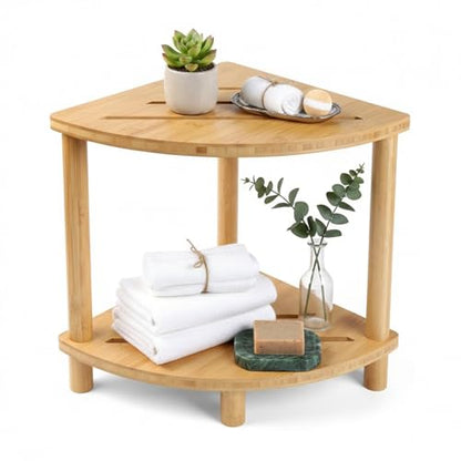 2-Tier Bamboo Corner Shower Stool,Shower Foot Rest for Bathroom Sauna | Non-Slip Adjustable Shower Feet Stool for Shaving Legs with Storage Shelf, Space Saving Shower Bench for Kitchen, Entryway