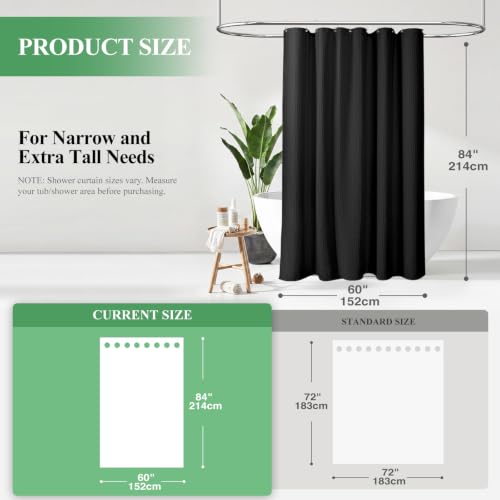 Stall Waffle Shower Curtain 256 GSM Heavy Fabric 60x84 Black | 60 x 84 Inch Long, Thick Cloth, Weighted Hem, Water Repellent, Hotel Luxury Polyester Shower Curtain Set for Bathroom 10 Hook - color: Black, size: 60"W x 84"L (Pack of 1)