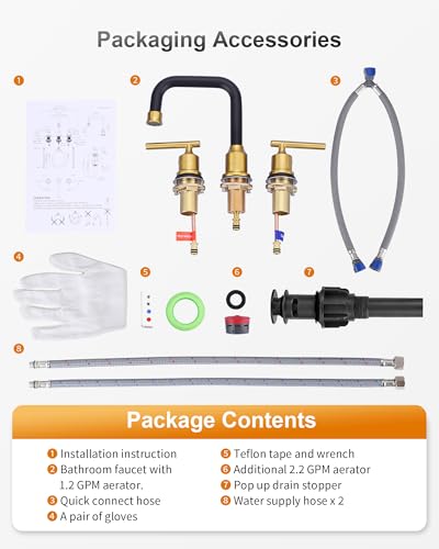 WOWOW Black Gold Bathroom Faucet 3 Hole, Widespread Vanity Sink Faucets | Copper Inlet 8 Inich Faucet for Bathroom Sink with Swivel Spout, 2 Handles Lavatory Tap with Drain and cUPC Supply Line - color: Black and Gold, style: Upgrade-8 Inch
