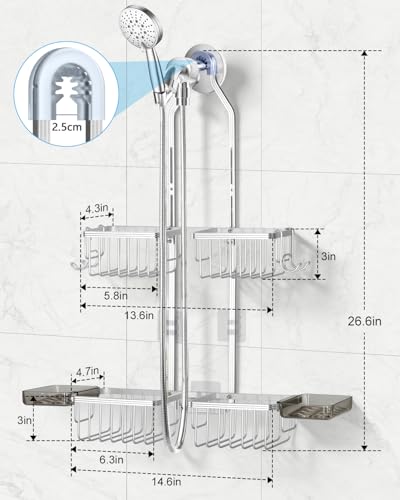 Adjustable Shower Caddy Hanging - Never Rust Shower Organizer Hanging, Aluminum Shower Racks for Inside Shower - Bathroom Organizers and Storage with 2 Soap Holders and 2 Removable Hooks, Silver