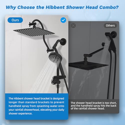 Hibbent High Pressue All Metal 10" Rainfall Shower Head, Handheld 10-Spray | cUPC Certified Matte Black Dual Showerhead Combo, 4-way Diverter with Pause Mode, Brass Extension Arm, 71'' Hose & Holder - color: Matte Black, style: Square 10"
