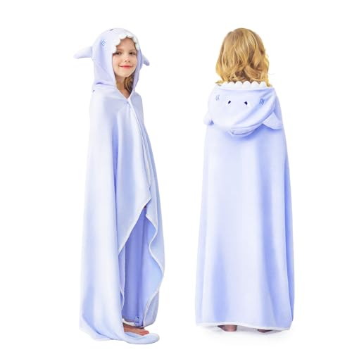 ZIONOR Hooded Bath Towel for Kids - 50''L x 35''W Extra-Large Hooded Towels for Big Kids 6-10, Kids Beach Towels Made from Bamboo Rayon, Suitable for Bath, Pool, Beach(Purple Shark) - color: 4-purple Shark