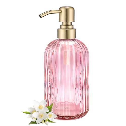 16 OZ Pink Glass Soap Dispenser,Clear Pink Stripe Bathroom Hand Soap Dispensers with Stainless Steel Gold Pump, Pink Kitchen Hand Soap Dispenser with Brushed Gold Pump - color: Pink+brushed Gold, size: 1-Pack