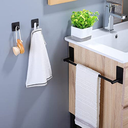 Taozun Towel Bar - 16 Inch Towel Holder with 2 Packs Adhesive Hooks Black | Hand Towel Rack Towel Hook Stick on Wall, Stainless Steel Bathroom Hardware Accessory Kit