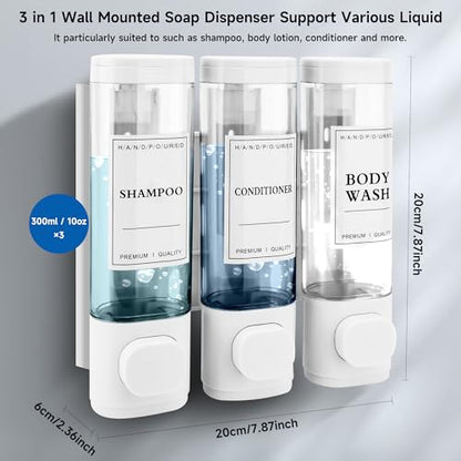 Shampoo and Conditioner Dispenser, 3 Chamber 300ml, Wall Mounted, White | Shower Soap Dispenser, Refillable Hand Soap Dispensers, Body Wash Dispenser for Bathroom, Kitchen, Hotel, Home - color: White, size: 3 Chamber