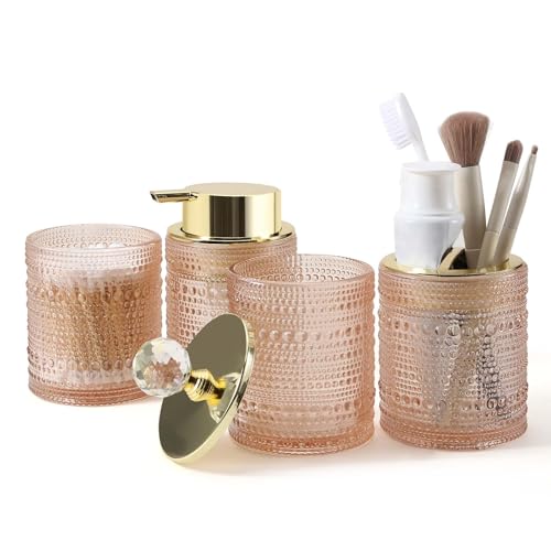 DASITON Bathroom Accessories Set,4Pcs Glass Bathroom Counter Set with Foaming Soap Dispenser,Toothbrush Holder,Bathroom Tumbler,Cotton Swab Jars, for Vanity Bathroom Decor(Pink A) - style: Pink A