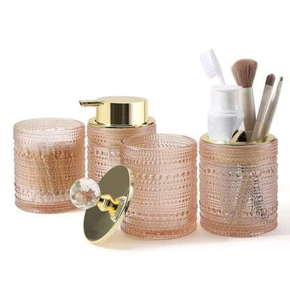 DASITON Bathroom Accessories Set,4Pcs Glass Bathroom Counter Set with Foaming Soap Dispenser,Toothbrush Holder,Bathroom Tumbler,Cotton Swab Jars, for Vanity Bathroom Decor(Pink A) - style: Pink A