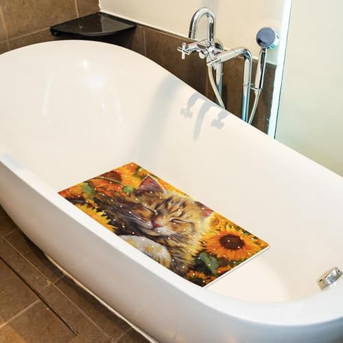 Shower Mat Non Slip 26.8 x 15.1 Inches, Cat Sunflowers Bathtub Mat Shower Stall Mats with Suction Cups and Drain Holes, Non Slip Bath Mat for Tub for Elderly & Kids - color: Multi 4