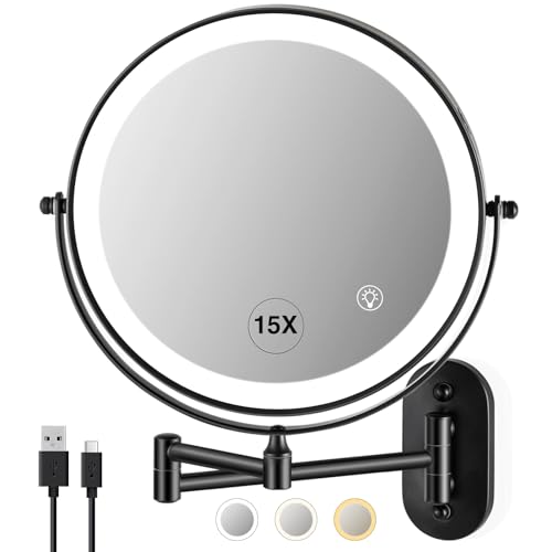 Magnifying Mirror with Lights 1x/15x Rechargeable | 8.5 inch Wall Mounted Lighted Makeup Mirror for Bathroom - color: Black