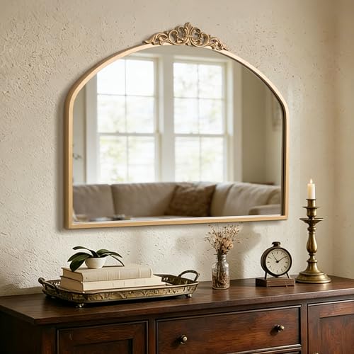 1 Set Vintage Gold 36x29 Arched Dresser Antique Tabletop Wall Mirror | 2 Pack Ornate Brass, 36x29 & 8x12 Medium Baroque Mirror, Vanity Wide Desk Decor, For Bathroom Entryway Living Room Fireplace - size: 29"L x 36"W/Set