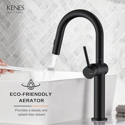 Matte Black 1 Handle Tall Vessel Sink Faucet with Pull Down Sprayer | Vessel Bowl Faucet with Pop Up Drain & Supply Lines, Lead-Free cUPC & NSF Certified, 1 Hole Faucet for Vanity RV Restroom - color: Matte Black, size: Tall