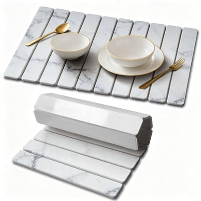 Stone Drying Mat for Kitchen Counter, Quick Diatomaceous Earth Mats for Dishes, 24"L x 16" W Super Absorbent Fast-Drying Collapsible Countertop Stone Mat (Marble White, 24" x 16") - color: Marble White