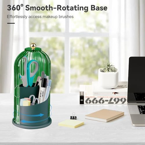 Makeup Brush Holder 360° Rotating Countertop Organizer with Lid (Green) | Transparent Sealed Lid, Waterproof, 3 Compartments, 180° Side Pull Door, for Vanity Makeup Brushes & Bathroom Toothbrushes - color: Green