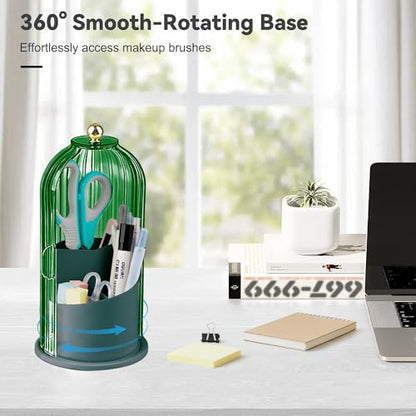 Makeup Brush Holder 360° Rotating Countertop Organizer with Lid (Green) | Transparent Sealed Lid, Waterproof, 3 Compartments, 180° Side Pull Door, for Vanity Makeup Brushes & Bathroom Toothbrushes - color: Green