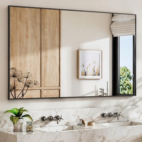 36" x 48" Matte Black Wall Mirror for Bathroom, 48" x 36" Oversized Rectangular Metal Framed Decor, Wide Accent Mirror for Living Room & Vanity - color: Black, size: 36"L x 48"W