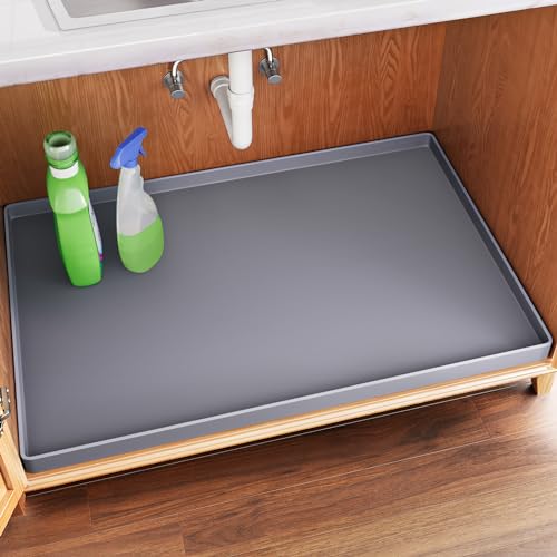 FLATO Waterproof Under Sink Mat 34" x 22" Shelf Liner for Kitchen and Bathroom, Cabinet Protector, Organizers and Storage, Flexible Silicone Drip Tray - color: Dark Gray, size: 34" x 22"