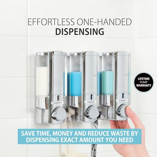 Better Living Aviva Shower Dispenser 3 Chamber,Wall Mount Shower Soap Pump Dispenser for Bathroom Hotel Body Wash,Built-in Hooks,No Drill,Waterproof Shampoo SoapDispenser 3 x 11 oz,Chrome (Pack of 6) - size: (Pack of 6)
