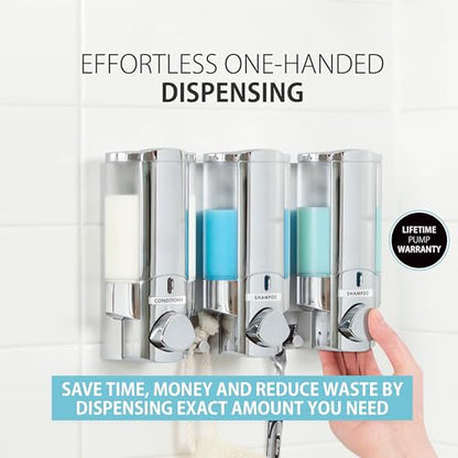 Better Living Aviva Shower Dispenser 3 Chamber,Wall Mount Shower Soap Pump Dispenser for Bathroom Hotel Body Wash,Built-in Hooks,No Drill,Waterproof Shampoo SoapDispenser 3 x 11 oz,Chrome (Pack of 6) - size: (Pack of 6)
