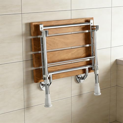 Folding Shower Seat Wall Mounted with Support Legs for Seniors, 350 lbs (Teak Wood) - color: Teak Wood