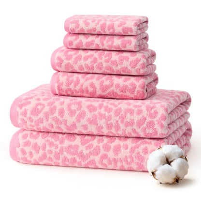 REDKISS Leopard Print Towel Set of 6,100% Cotton Bathroom Towels,Quick Dry & Absorbent,2 Bath Towel, 2 Hand Towel, 2 Washcloth-Pink - color: Pink