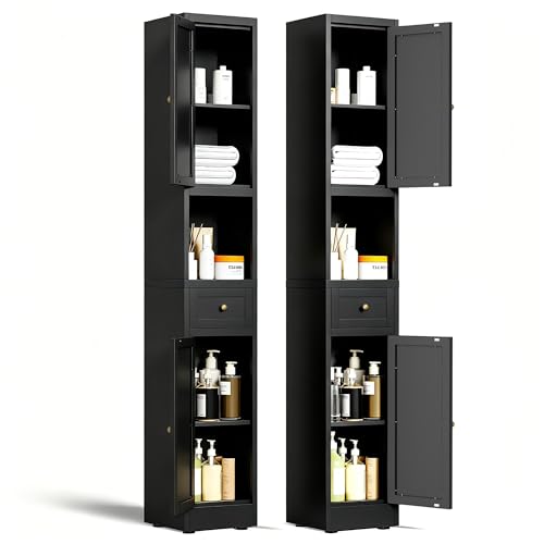 Tall Narrow Bathroom Storage Cabinet, 7” Slim Metal Freestanding Floor Cabinet with Doors, Adjustable Shelves, Drawer & Open Shelf, Bathroom Organizer for Small Spaces - Black - color: Black