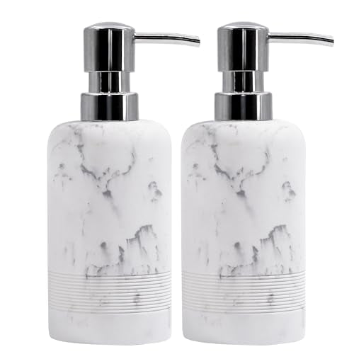 Resin Soap Dispenser Sets, 2 Pcs Heavy Lotion Dispensers,10.8oz Refillable Liquid Soap Dispensers with Rust-Proof Pump for Bathroom Countertop or Kitchen, Artificial Marble White - color: White