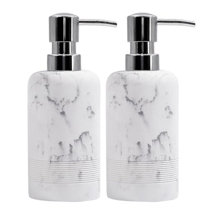 Resin Soap Dispenser Sets, 2 Pcs Heavy Lotion Dispensers,10.8oz Refillable Liquid Soap Dispensers with Rust-Proof Pump for Bathroom Countertop or Kitchen, Artificial Marble White - color: White