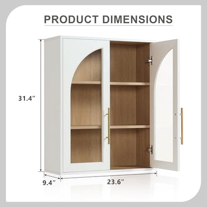 Bathroom Wall Cabinet, 23.5×31.4'' Storage Cabinet, Arched Cabinet Wall Mount with Adjustable Shelf & Glass Doors, Medicine Cabinet for Laundry Room, Bathroom, Kitchen, Living,White/Natural Oak,1PC - color: White/Natural Oak