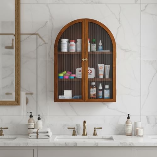 MyGift Medicine Cabinet, Arched Wall Cabinet, Bathroom Medicine Wall Mounted Cupboard, Mid Century Style Floating Storage Cabinet with Glass Door, Natural Acacia Wood