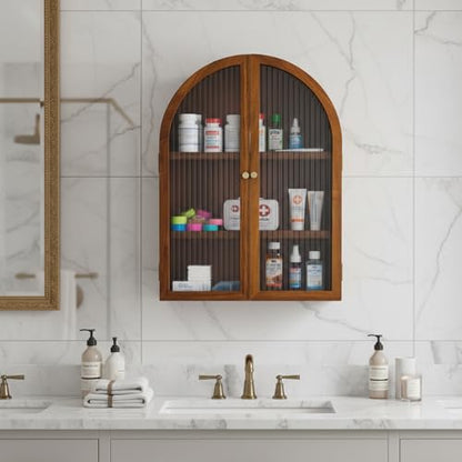 MyGift Medicine Cabinet, Arched Wall Cabinet, Bathroom Medicine Wall Mounted Cupboard, Mid Century Style Floating Storage Cabinet with Glass Door, Natural Acacia Wood