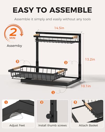 3-Pack 2-Tier Height Adjustable Under Sink Organizer, Black | Multi-purpose metal storage shelf with sliding shelves for kitchen, bathroom, pantry & laundry cabinet - color: Black