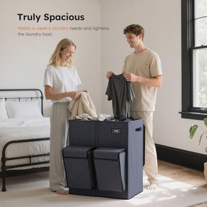 SOLEDI 180L Double Laundry Hamper with Lid and 2 Side Pockets, Dual Hamper | 2 Section Laundry Basket, Removable & Washable Laundry Bags, 180L Large Capacity, for Bedroom, Bathroom, Laundry Room, Dorm - color: Navy Blue