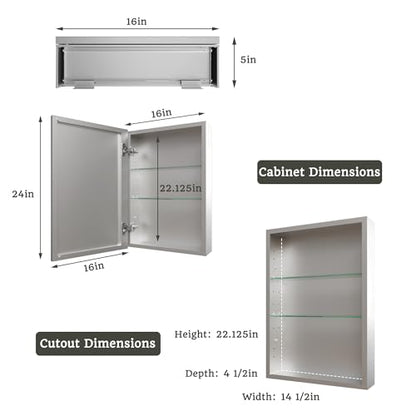 16 x 24 in Medicine Cabinet with Mirror and Side Panels, Silver | Surface or Recessed Medicine Cabinet Mirror with Storage, Adjustable Shelves, Aluminum Alloy Frame, Assembly Required - size: 16''x24''