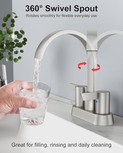 Brushed Nickel Bathroom Faucet,4 Inch Centerset 2-Handle Waterfall | Includes Pop-Up Drain,24-Inch Supply Lines,Mounting Hardware,SUS304 Stainless Steel Construction,And A 360° Swivel Spout - color: Brushed Nickel