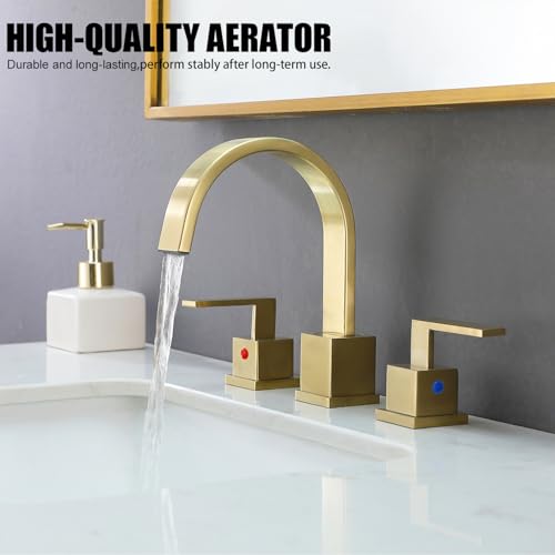 Gold Bathroom Faucet, Brushed Gold Faucets Bathroom 3 Hole 8inch Widespread Waterfall 2 Handle Brass Faucets Bath Sink Vanity Faucet with Pop Up Drain and Supply Lines - color: Gold