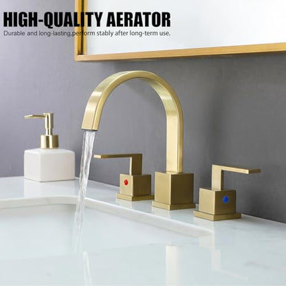 Gold Bathroom Faucet, Brushed Gold Faucets Bathroom 3 Hole 8inch Widespread Waterfall 2 Handle Brass Faucets Bath Sink Vanity Faucet with Pop Up Drain and Supply Lines - color: Gold