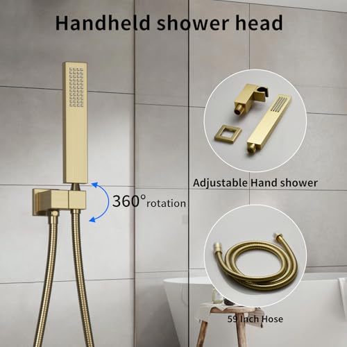 Bathroom Shower System Ceiling 14x20 Inch Shower Head, Spray With Handle, 6 PCS Body Jet And Handheld, Temperature Display Shower Faucet Set (Brushed Gold) - color: Brushed Gold