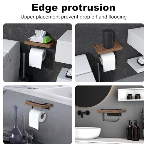 Toilet Paper Holder with Black Walnut Wood Shelf, Wall Mounted & Adhesive Mounted Wooden Shelf for Hanging Roll Tissue, Place Phone, Aromatherapy for Bathroom, Washroom - color: Walnut