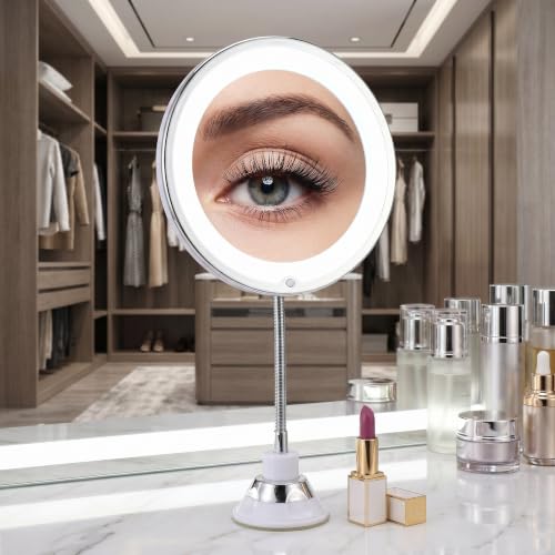 Mirror LED Lighted Mirror with Suction Cup Rotating Magnifying Makeup 10x Magnification and Adjustable Angle, 360° Free Rotation Design for Makeup in Dark or Poorly Lit Bathroom