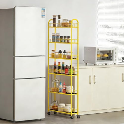 6-Tier Slim Storage Cart with Wheels, Metal 6in Narrow Rolling Shelf, Sturdy Slim Storage with Hooks Ideal for Kitchen, Bathroom, and Laundry Room, Yellow - size: 6in Yellow