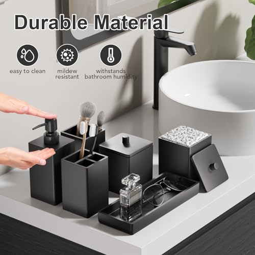 Black Bathroom Accessories Set Resin 6PCS, Square Toothbrush Holders Set Complete with Soap Dispenser, Vanity Tray, Tumbler, Cups and Cotton Swab Jars for Counter, Sink or Small Spaces - color: Black