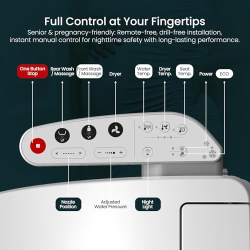R&T V2601 Electric Bidet Seat, Elongated Smart Toilet Seat with Warm Water, Adjustable Heated Seat, Air Dryer, Night Light, Bidet Attachment for Toilet - color: V2601