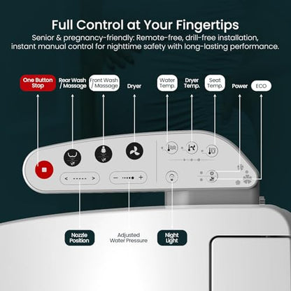 R&T V2601 Electric Bidet Seat, Elongated Smart Toilet Seat with Warm Water, Adjustable Heated Seat, Air Dryer, Night Light, Bidet Attachment for Toilet - color: V2601