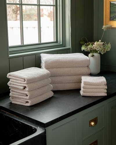 Cozy Earth Nantucket 60% Cotton 40% Viscose from Bamboo Washcloth | 600 GSM Plush and Fast-Drying with Rice Weave Pattern, 4 Pack 13" x 13" Luxury Washcloth, Sand - color: Heathered Sand, size: Washcloth