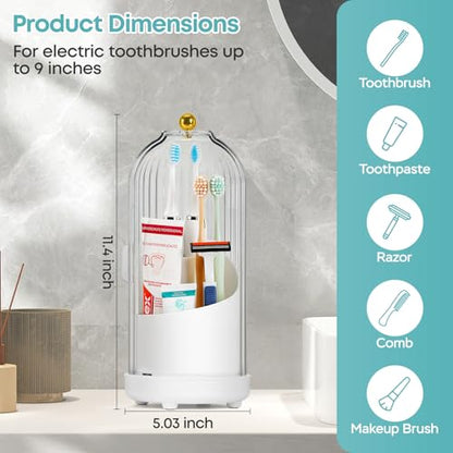 Dustproof Toothbrush Holder, Toothbrush Organizer with 360° Rotating Inner Tray and Sliding Cover, 3-Slot Draining Bathroom Toothbrush Caddy, Vanity Makeup Brush Organizer,White - color: White