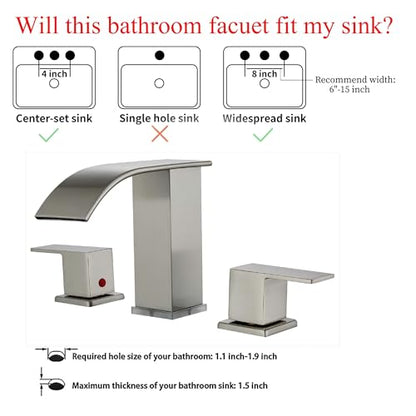 Bathroom faucets 3 Hole Brushed Nickel Vanity Faucet with led Waterfall Bathroom Faucet 3 Hole Sink Faucet Bathroom 8 inch Widespread Modern Parts Touch on 2 Handle - color: Brushed Nickel